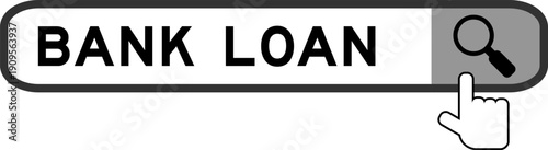 Search banner in word bank loan with hand over magnifier icon on white background
