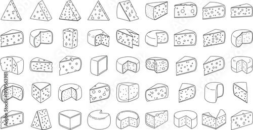 Hand Drawn Cheese Slice Illustration Set with Different Shapes and Angles in Black Line Art Vector Collection for Food Design