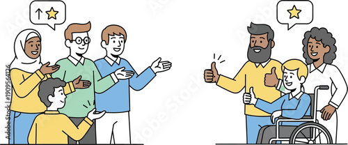 Diverse groups of people engaging in positive feedback and appreciation exchanges symbolizing teamwork success and inclusive recognition in the workplace or community setting.