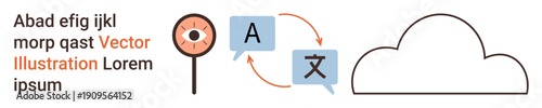 Language learning, translation services, cloud storage, technology, global communication, data exchange. Speech bubbles with translation, cloud icon and an eye. Translation services and cloud