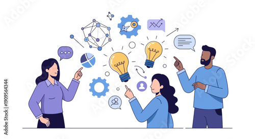 A diverse team of people collaborating and brainstorming with icons representing innovation, growth, and strategy in an isometric view.