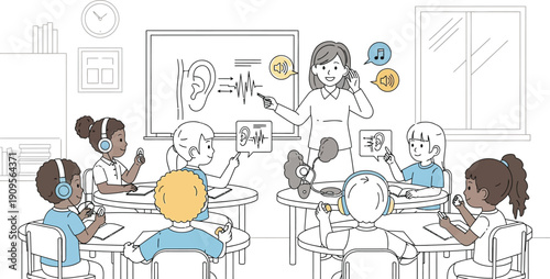 Teacher illustrating the complex anatomy and function of the human ear mechanism to diverse young students using visual aids during a special education lesson.