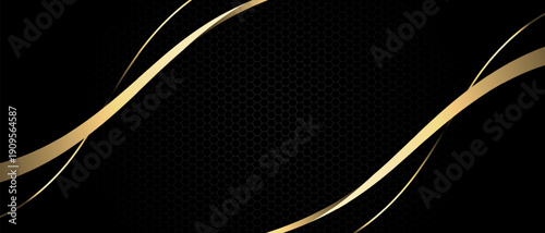 Abstract golden ribbon wave curve on black hexagon mesh design modern futuristic luxury background vector