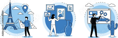 Travel lifestyle illustration, museum art appreciation, smart car technology, location navigation, modern flat vector design, tourism culture innovation concept, scene