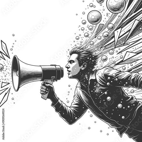 man in a suit yelling into a megaphone while submerged underwater, symbolizing struggle to be heard sketch engraving generative ai vector illustration. Scratch board imitation. Black and white image.