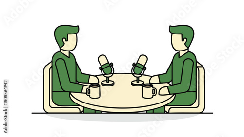 Podcast Recording Illustration. Two People Interviewing. Communication Concept. Flat Design. Broadcasting Media.