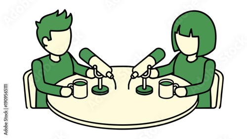 Podcast Recording Illustration. Two People Interviewing. Flat Line Art Drawing. Digital Media Content.