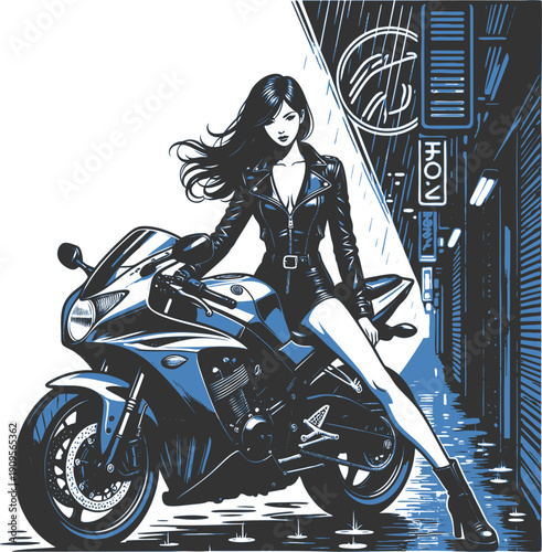 confident woman in leather posing with a sportbike on a rainy neon-lit urban street sketch engraving generative ai fictional character vector illustration. Scratch board imitation. Black and white.