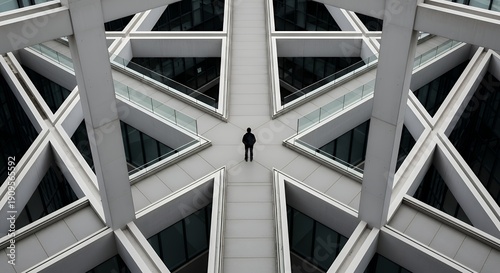 A person stands at a crossroads created by intersecting architectural lines The structure feels modern and abstract The subject pauses at the center Strong geometric decision-making concept