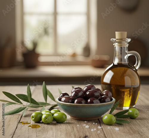 Fresh olives and olive oil on wooden table