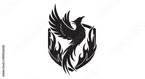 Phoenix Emblem: A striking black phoenix emblem, a symbol of rebirth and resilience, is intricately set against a dynamic shield design.