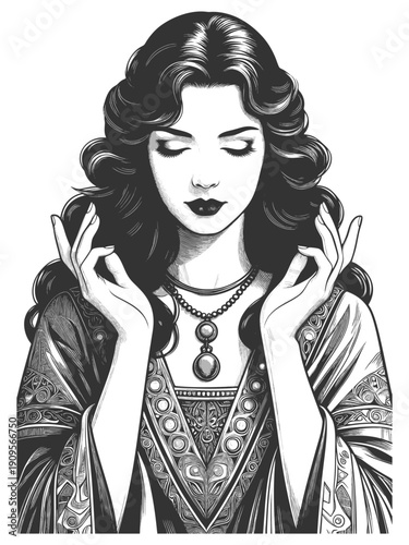  graceful woman with flowing hair and fabric sketch engraving generative ai fictional character vector illustration. Scratch board imitation. Black and white image.