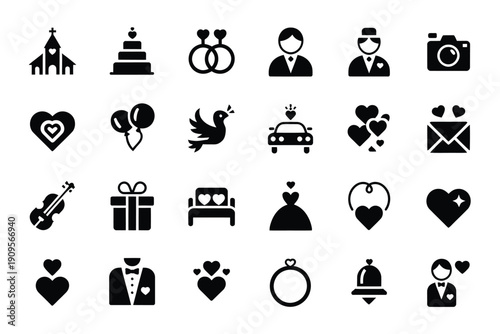 Collection of black silhouette icons representing elements of a wedding