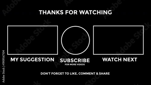 End screen youtube template with viewer prompts. Ideal for video creators to engage audience and encourage interaction after video.