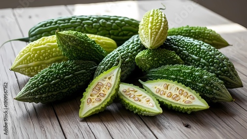 Fresh bitter gourds on rustic wooden table with natural light