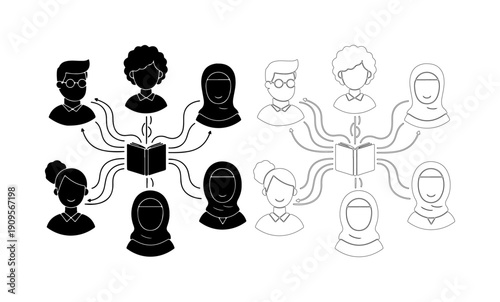 Diverse group of people connected to an open book, symbolizing shared knowledge and learning.