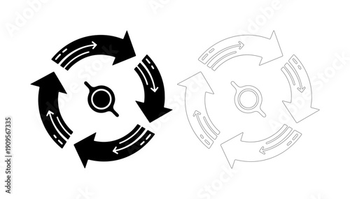 Circular arrows symbolizing process, cycle, and flow with a central element.