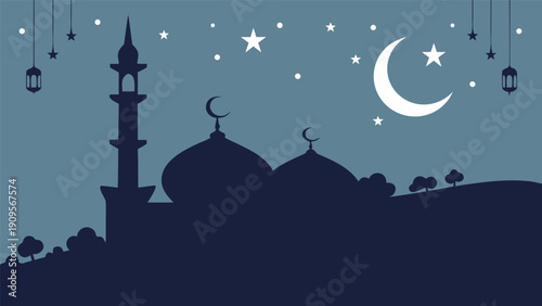 Silhouette of muslim family praying at night under crescent moon and star islamic banner