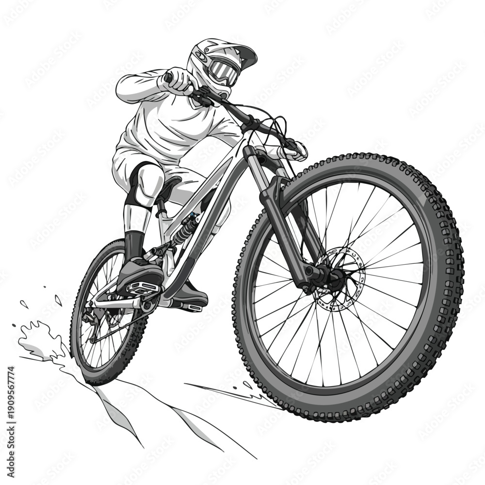 Obraz premium Mountain Biker Downhill Cycling. Dynamic Illustration. Grayscale Line Art. Action Sport Vector.