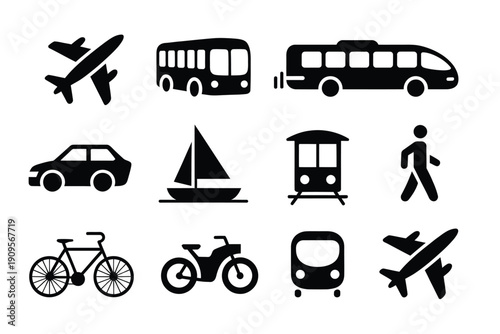 Collection of black silhouette icons representing various modes of transportation