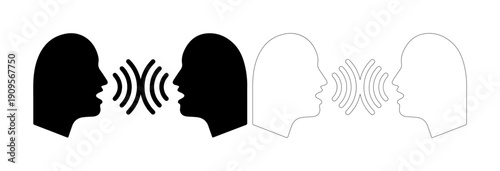 Two profiles communicating with sound waves, representing dialogue and conversation.