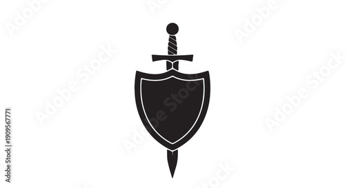 Shield and Sword Emblem: A symbolic representation of protection and valor is showcased through a black shield, pierced by a gleaming sword, creating a powerful emblem.
