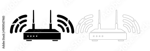 Wireless router broadcasting signal with Wi-Fi waves, dual icon design