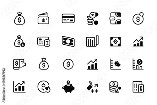 Collection of black and white finance and payment related icons displayed