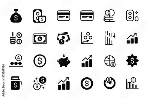 Collection of black and white finance and economic related icons