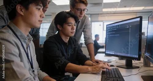 Group of professionals collaborating on computer screen data analysis