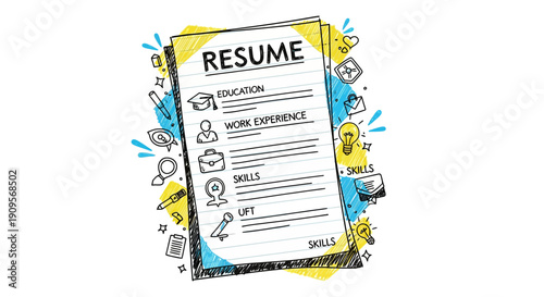 A hand-drawn illustration of a resume document with sections like education and work experience, surrounded by career-related icons.