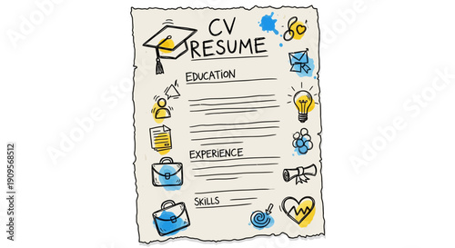 Hand-drawn doodle illustration of a CV resume document with sections for education, experience, and skills, surrounded by various career-related icons.