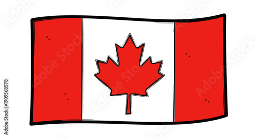 A cartoon-style illustration of the national flag of Canada, featuring a red maple leaf on a white square between two red vertical stripes.
