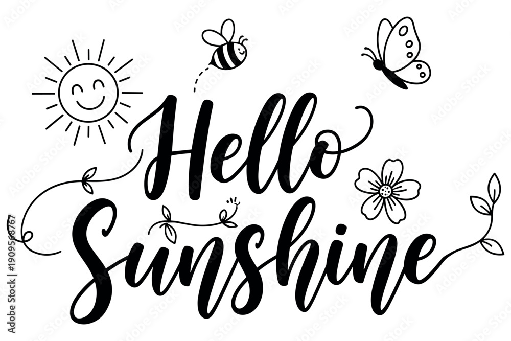 Obraz premium Hand drawn Spring lettering composition decorated with flowers, leaves and botanical doodles for greeting cards, posters, stickers, and seasonal spring designs