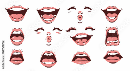 A collection of cartoon mouths and lips expressing various emotions and actions like smiling, talking, and kissing.