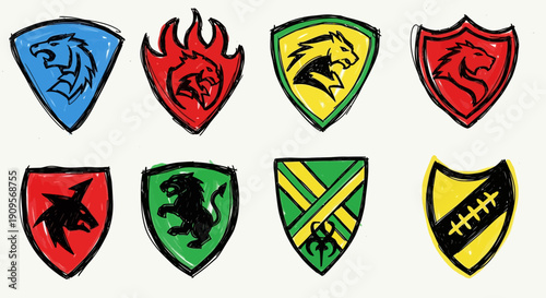Eight colorful shield emblems featuring various animal motifs like lions and a shark, alongside abstract designs, displayed on a white background.