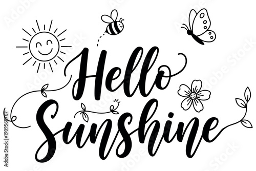 Hand drawn Spring lettering composition decorated with flowers, leaves and botanical doodles for greeting cards, posters, stickers, and seasonal spring designs