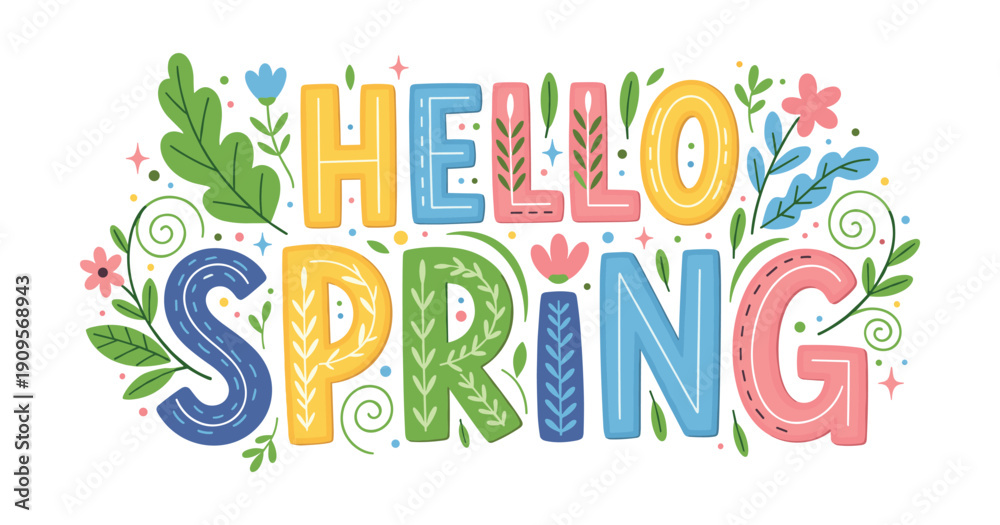 Spring hand-drawn lettering with flowers, leaves. Black and white doodle illustration with playful seasonal elements.