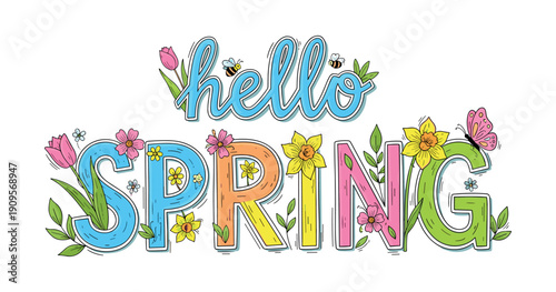 Spring hand-drawn lettering with flowers, leaves. Black and white doodle illustration with playful seasonal elements.