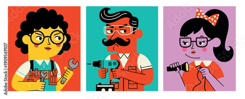 Repair workers and handyman with tools in colorful flat vector style