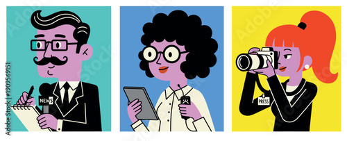 Media professionals including journalists and photographer in flat vector style