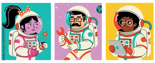 Astronaut team characters in space suits in colorful flat vector style