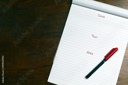 Ideas Plan Notes – Handwritten Productivity Concept with Red Marker. with copy space on the left.