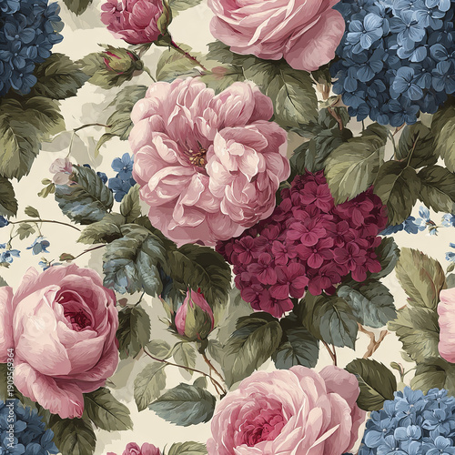 Vintage floral pattern with large pink roses and blue and burgundy hydrangea flowers, surrounded by green leaves on cream background, creating charming and elegant cottage wallpaper design