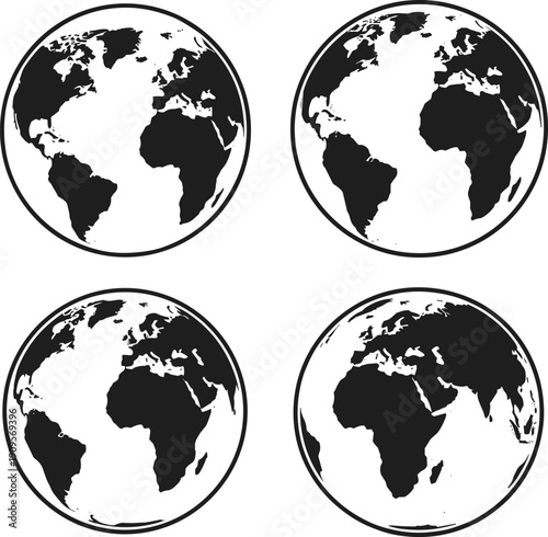 World globe silhouettes set, earth map icons collection, global geography illustration, planet earth vector isolated black round design