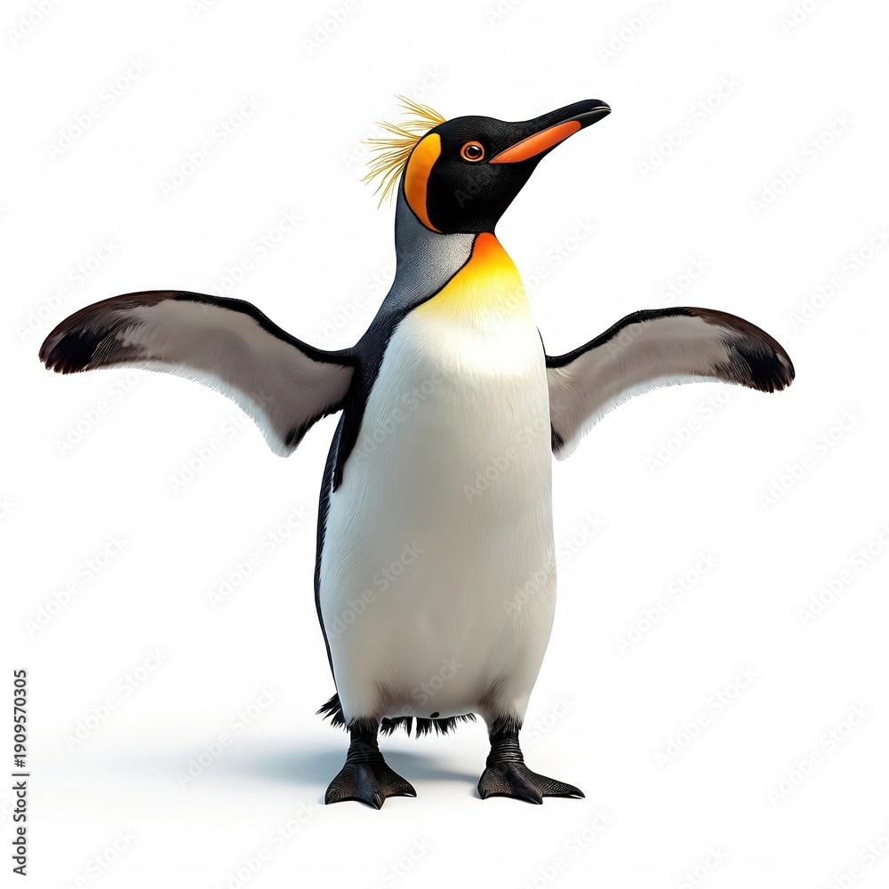 Obraz premium Rockhopper penguin with bright yellow crest and open wings stands on pure white background. Bird has black and white plumage and orange beak. It is upright and alert.