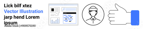 Digital tools, user interface, online feedback, communication, social media, recognition. A browser window with charts, a person icon and a thumbs-up illustration. Online feedback and user