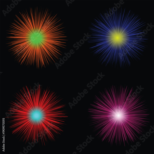 Set of colorful fireworks lighting up the night sky in a festive vector illustration
