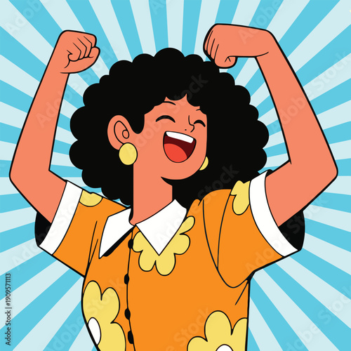 A joyful woman with curly hair flexing her biceps in a retro pop art style illustration.