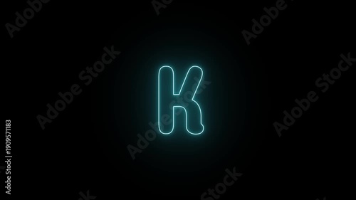 Animated Neon Light Blue Letter K Appearing and Disappearing on Black Background